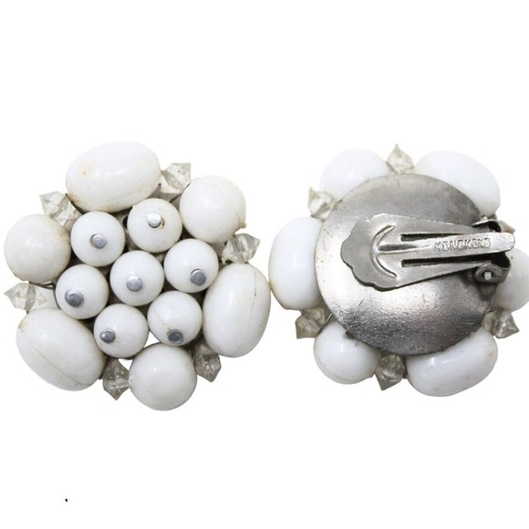 Vintage White and Clear Bead Cluster Clip On Earrings Marked Hong Kong - Hey Viv - Picture 2 of 5